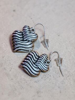 Silver Tone Wave Heart Drop Earrings Textured Heart Dangle Earrings